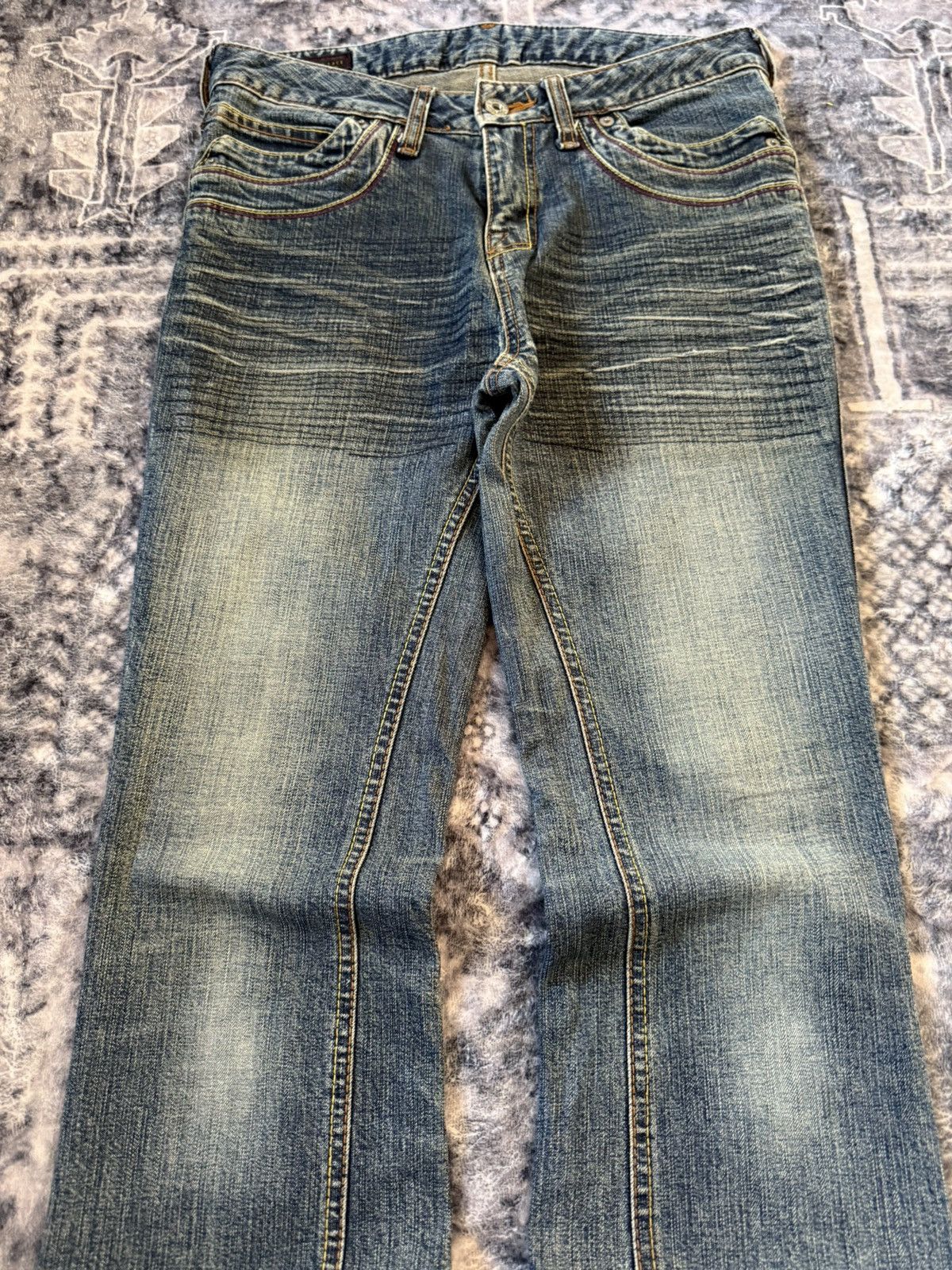 Le Grande Bleu (L.G.B.) Happy Face Contrast Stitch Whiskered Bootcut Flared Jeans Size US 28 / EU 44 - 3 Thumbnail