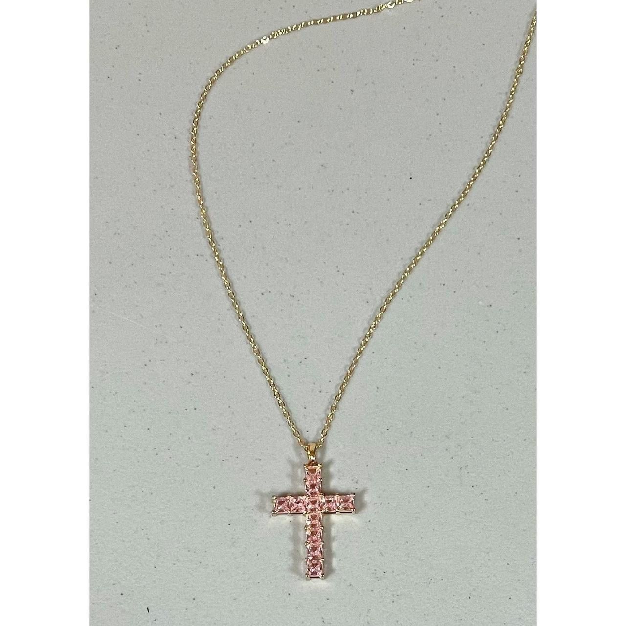 Jewelry × Vintage Gold Pink Diamond Diamonds Cross Necklace Jewelry 💖✨ Size ONE SIZE - 2 Thumbnail