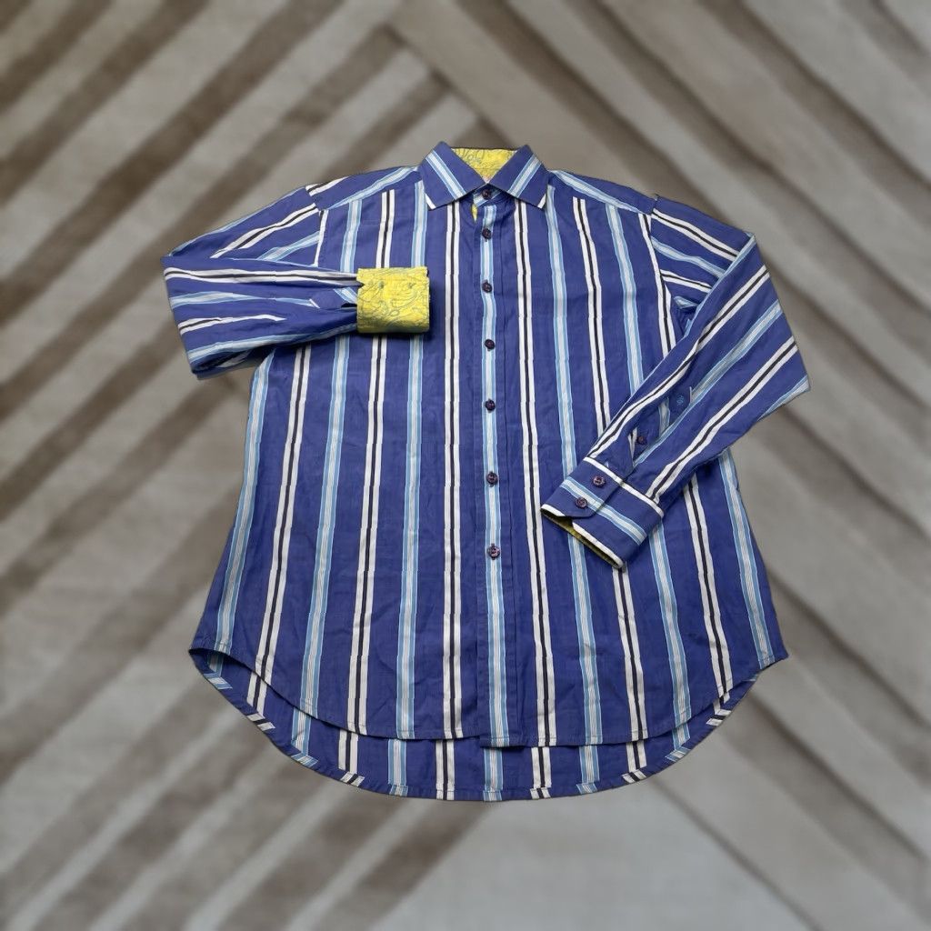 Robert Graham Robert Graham Mens M Shirt Button Up Blue Striped Yellow Paisley Flip Cuffs Size US M / EU 48-50 / 2 - 1 Thumbnail