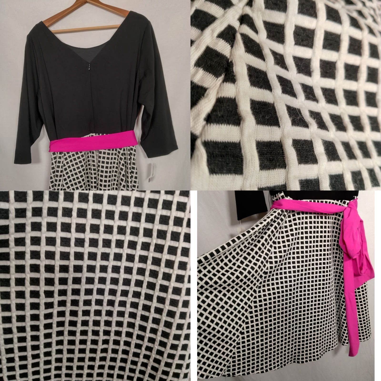 Vintage Eliza J Dress Plus Size 20W Knit Black White Checkered Belt Rockabilly Dress Midi 3/4 Sleeve Scoop Neck Belted Vintage Look Woman Girls Mens Size 3XL / US 20-22 - 8 Thumbnail