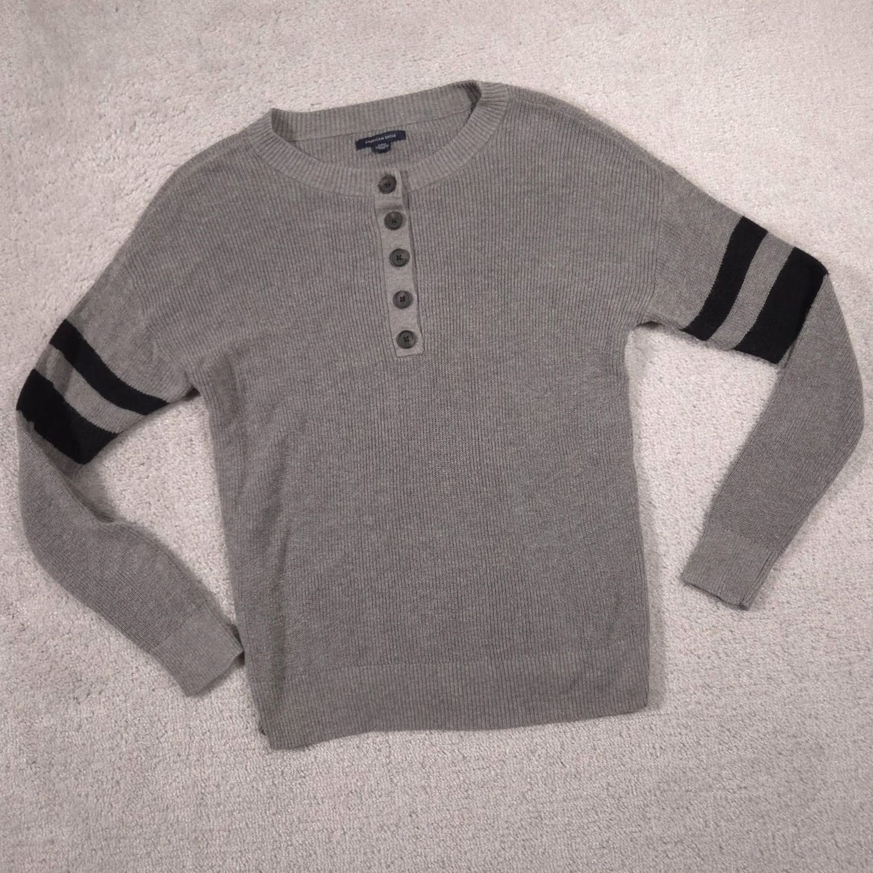Vintage American Eagle Gray Henley Knit Stripe Long Sleeve Crewneck Womens Small Sweater - Vintage Size S / US 4 / IT 40 - 2 Thumbnail