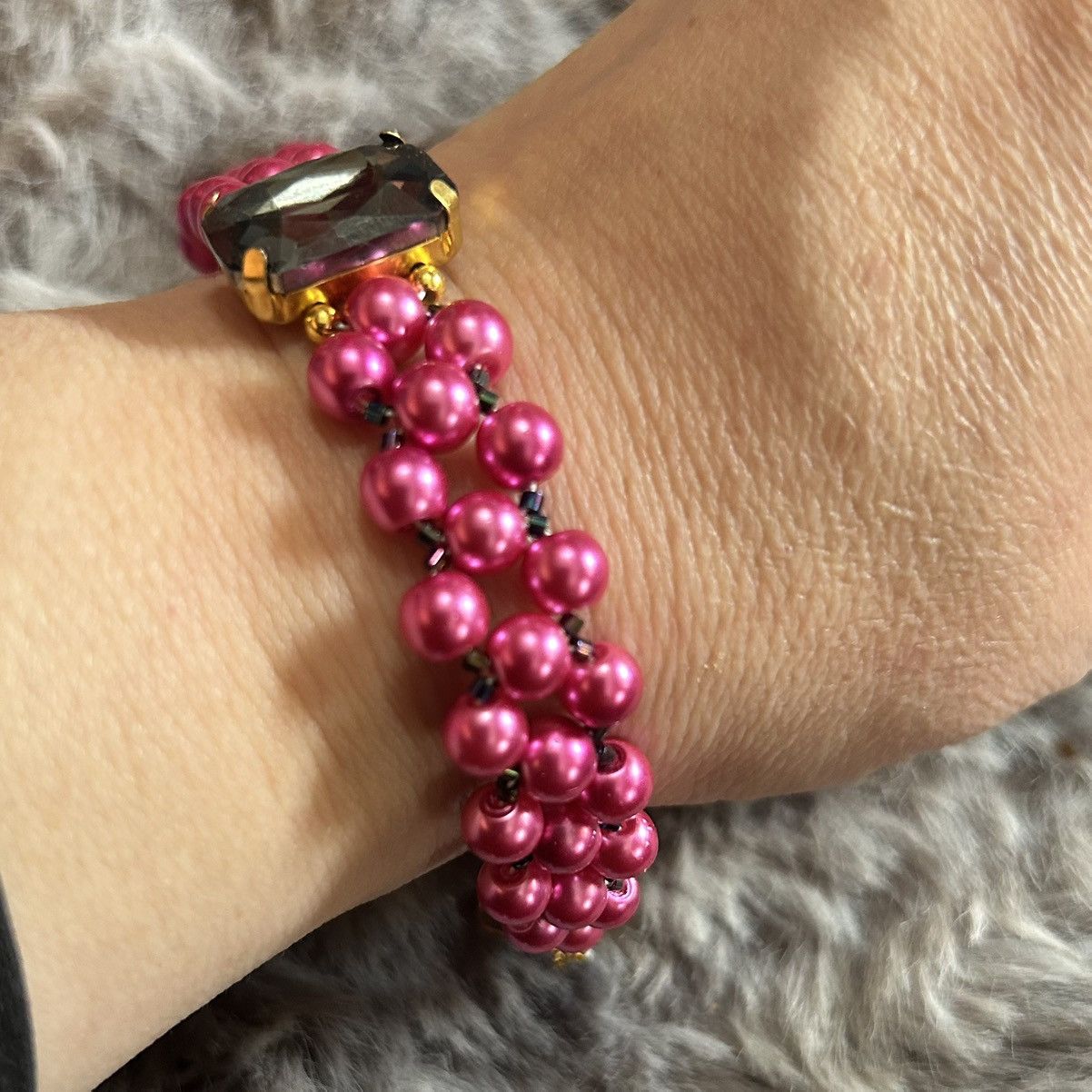 Handmade Handcrafted fuchsia pink Czech glass pearl rainbow bracelet Size ONE SIZE - 2 Thumbnail