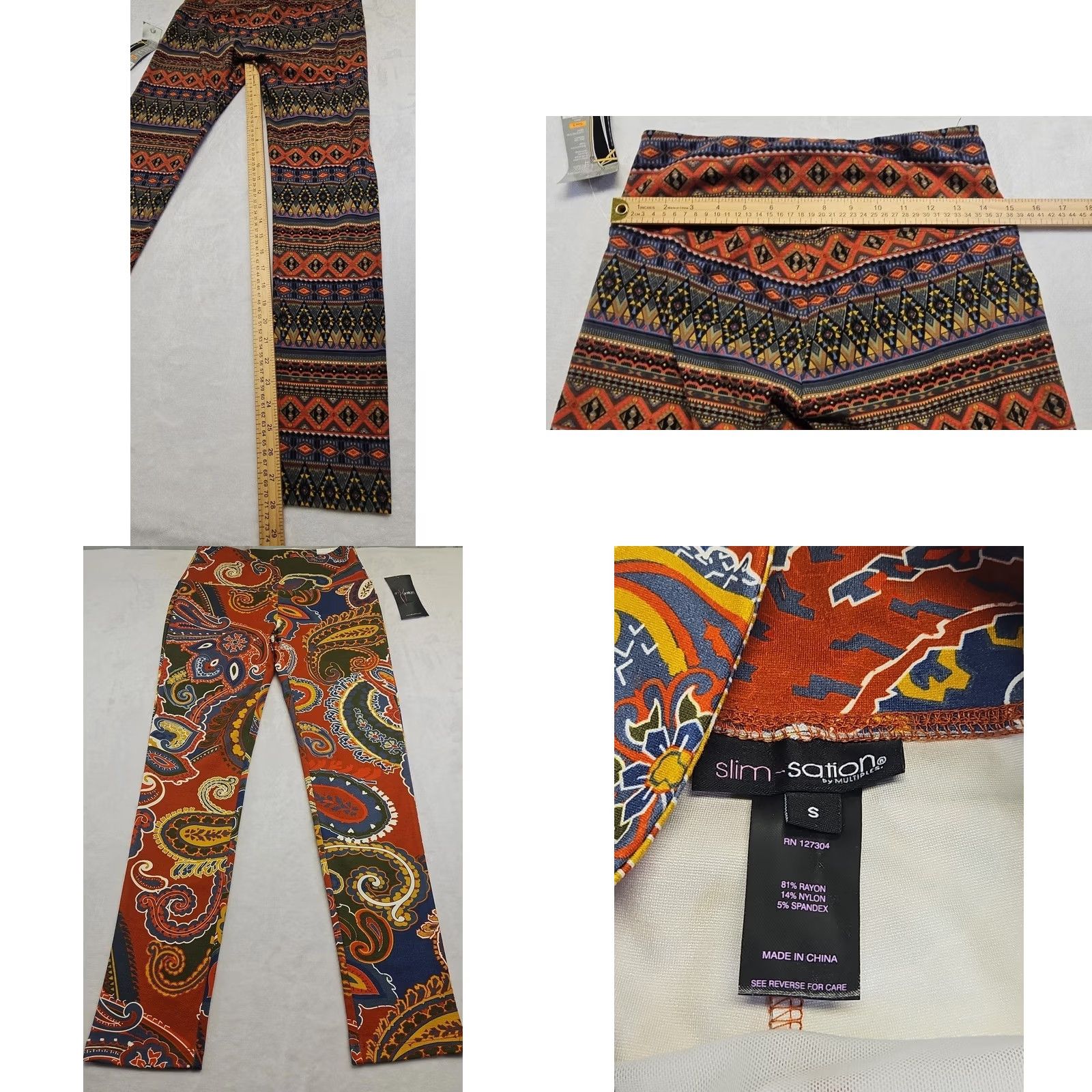 Vintage VINTAGE? Slim-Sation Pull On Pants Lot 2 Small Boho Paisley Aztec Stretch Slimming NWT Size 28" / US 6 / IT 42 - 8 Thumbnail