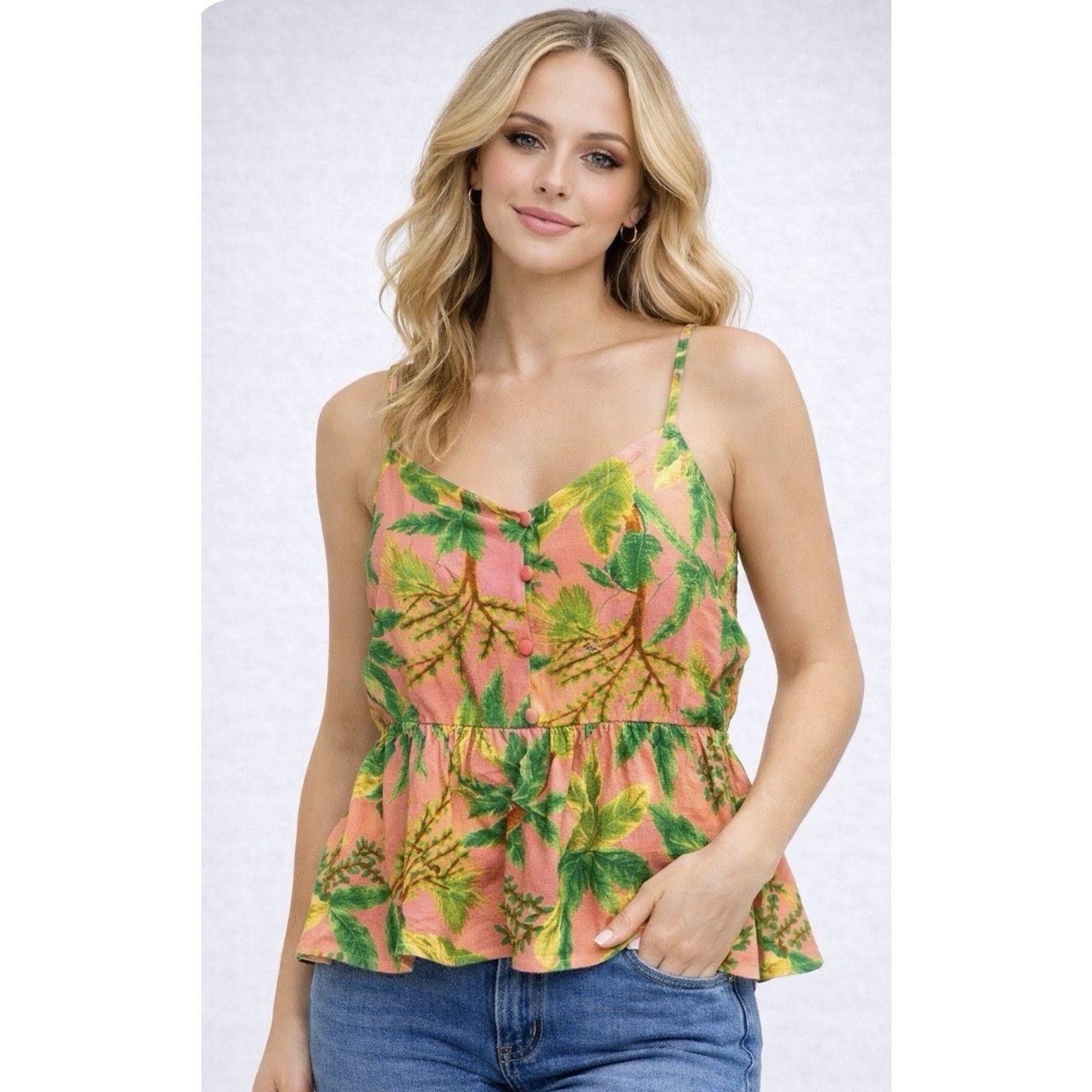 Other Tropical Peplum Cami Women’s XL Pink Green Rayon Linen Boho Size XL / US 12-14 / IT 48-50 - 1 Thumbnail
