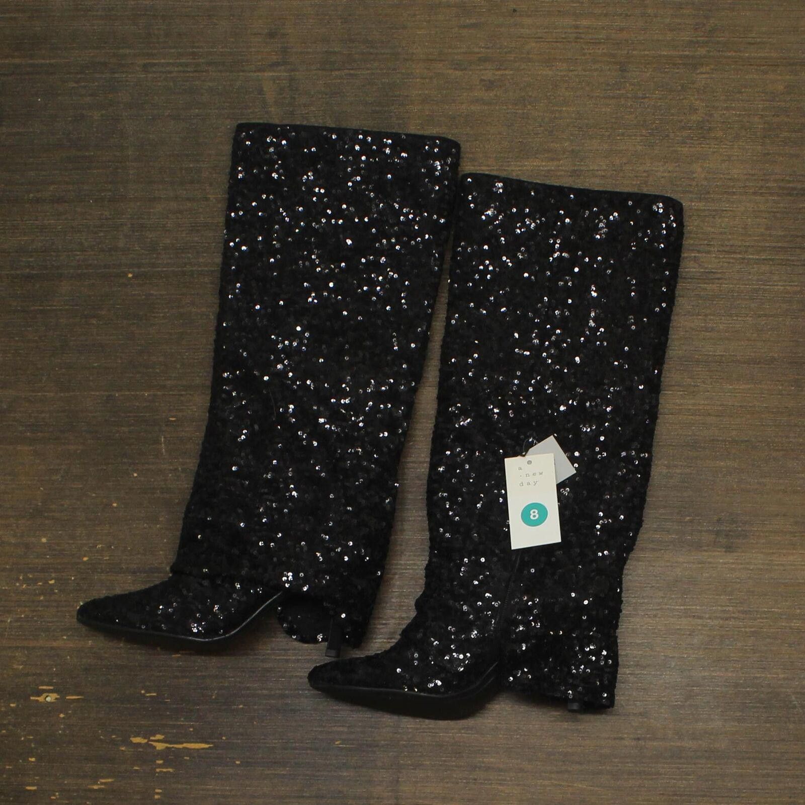 NWT A New Day Sequin Foldover Tall Boots 91636693 Black 8M