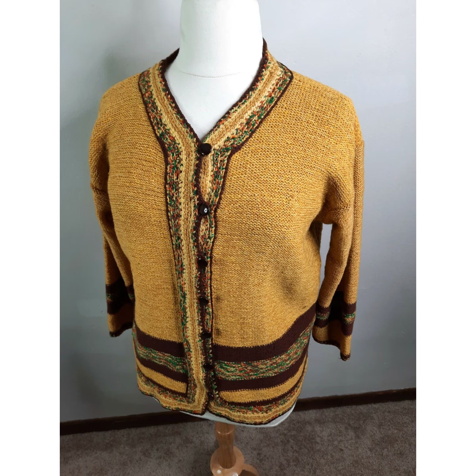 Vintage VINTAGE 70s Cardigan Sweater Women XL Yellow Brown Boho V Neck Round Neck 70s Pattern Knit Acrylic Belted Shoestring Not Included Size XL / US 12-14 / IT 48-50 - 2 Thumbnail