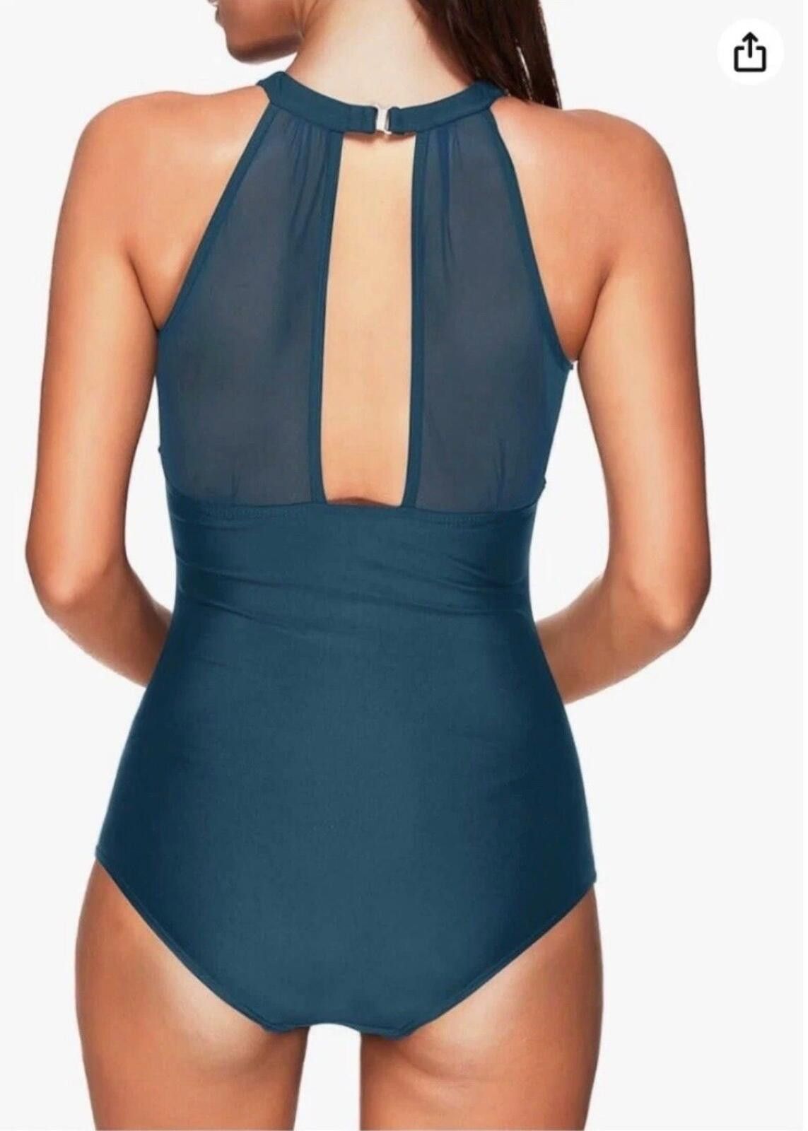 Other Chic Tummy Control High Neck Mesh One Piece Swimsuit Teal Size ONE SIZE - 2 Thumbnail