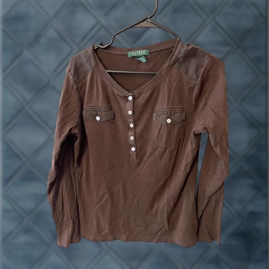 Vintage VINTAGE Lauren Jeans Co. Henley Top Shirt Womens Large Brown Cotton Long Sleeve Classic Size L / US 10 / IT 46 - 1 Thumbnail