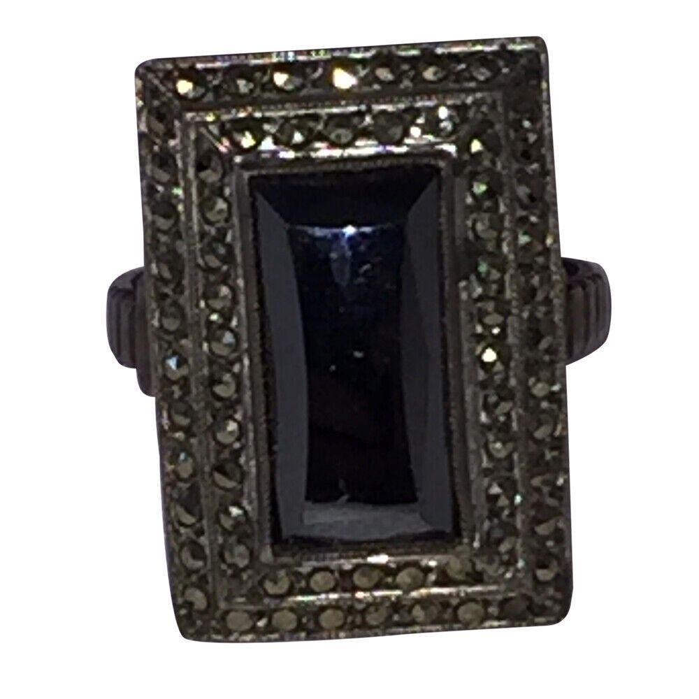 Designer Art Deco Sterling Hematite 3 Tier Pave Marcasite Ring Size ONE SIZE - 1 Thumbnail