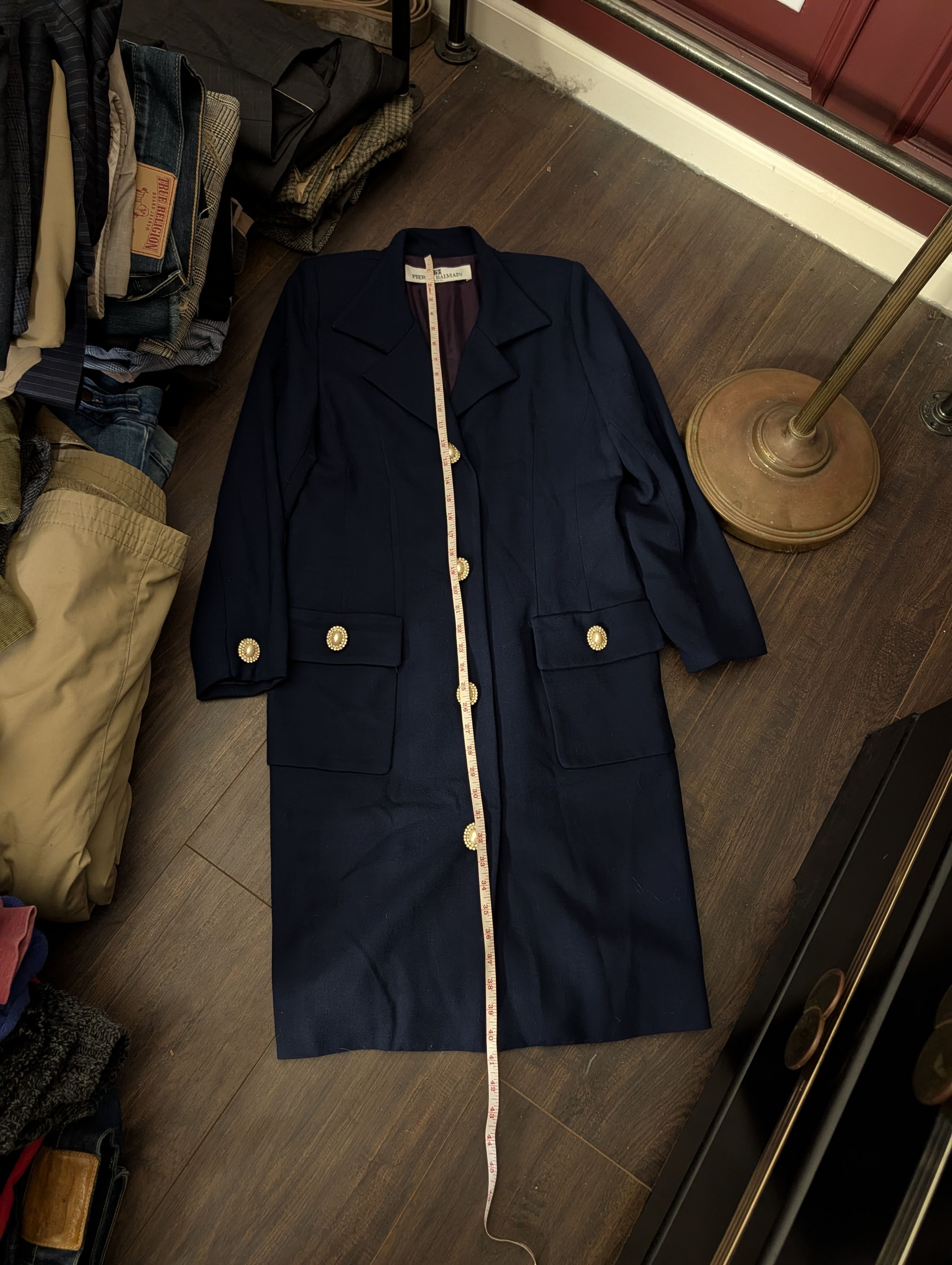 Pierre Balmain 80s VTG Navy Wool Pearl Crystal Gold Button Coat Dress Size L / US 10 / IT 46 - 18 Thumbnail