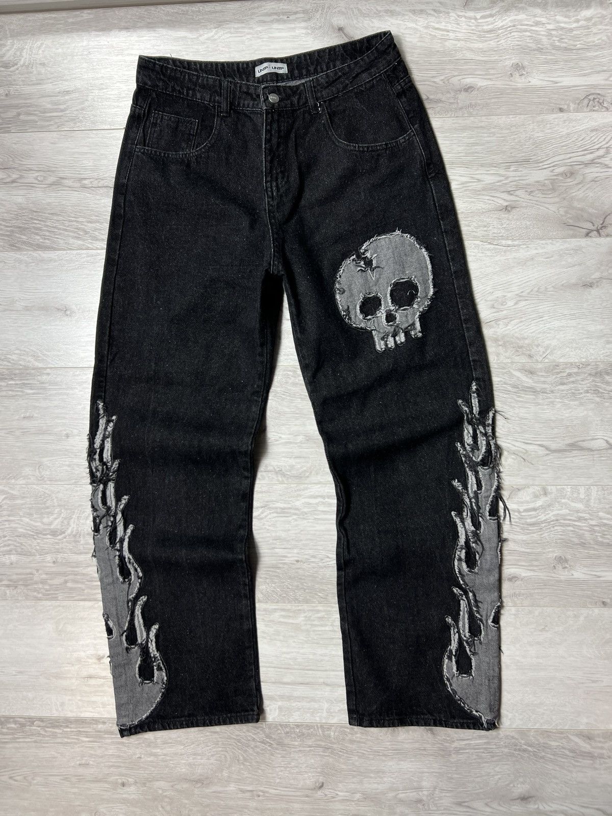 Japanese Brand Y2K Style Fire Jeans With Embroidered Skull Logo Baggy Pants Size US 32 / EU 48 - 1 Thumbnail