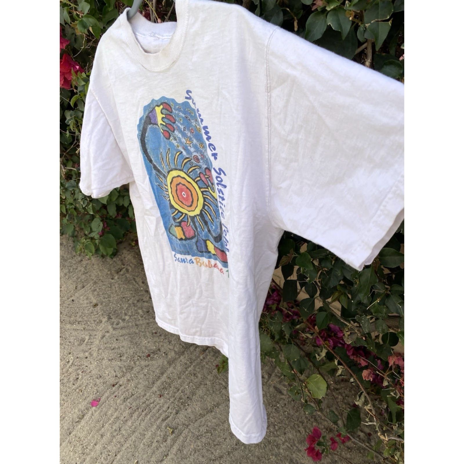 Vintage VINTAGE Summer Solstice Celebration Santa Barbara 1997 T Shirt Single Stitch Worn 1990s XL White Cotton 90s California Mens Shirts Size US XL / EU 56 / 4 - 4 Thumbnail