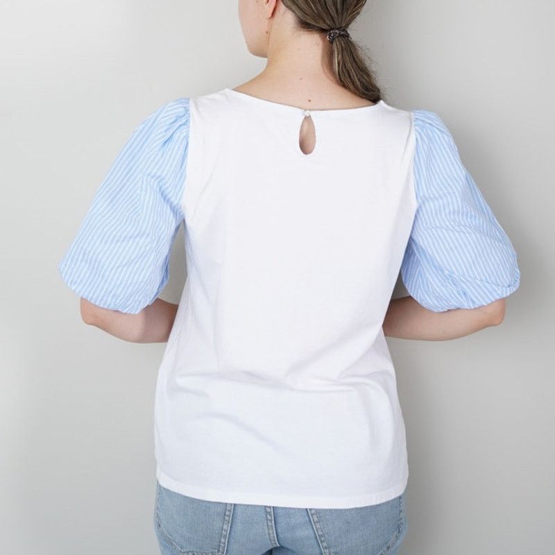 Talbots Talbots Blue Striped Puff Sleeve White Top Button Keyhole M Size M / US 6-8 / IT 42-44 - 2 Thumbnail
