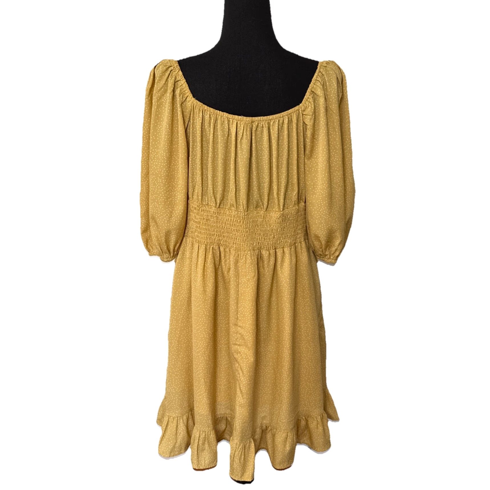Vintage J.NNA Dress Womens Large Yellow Smocked Balloon Sleeve Knee Length Polyester Fit & Flare Size L / US 10 / IT 46 - 2 Thumbnail
