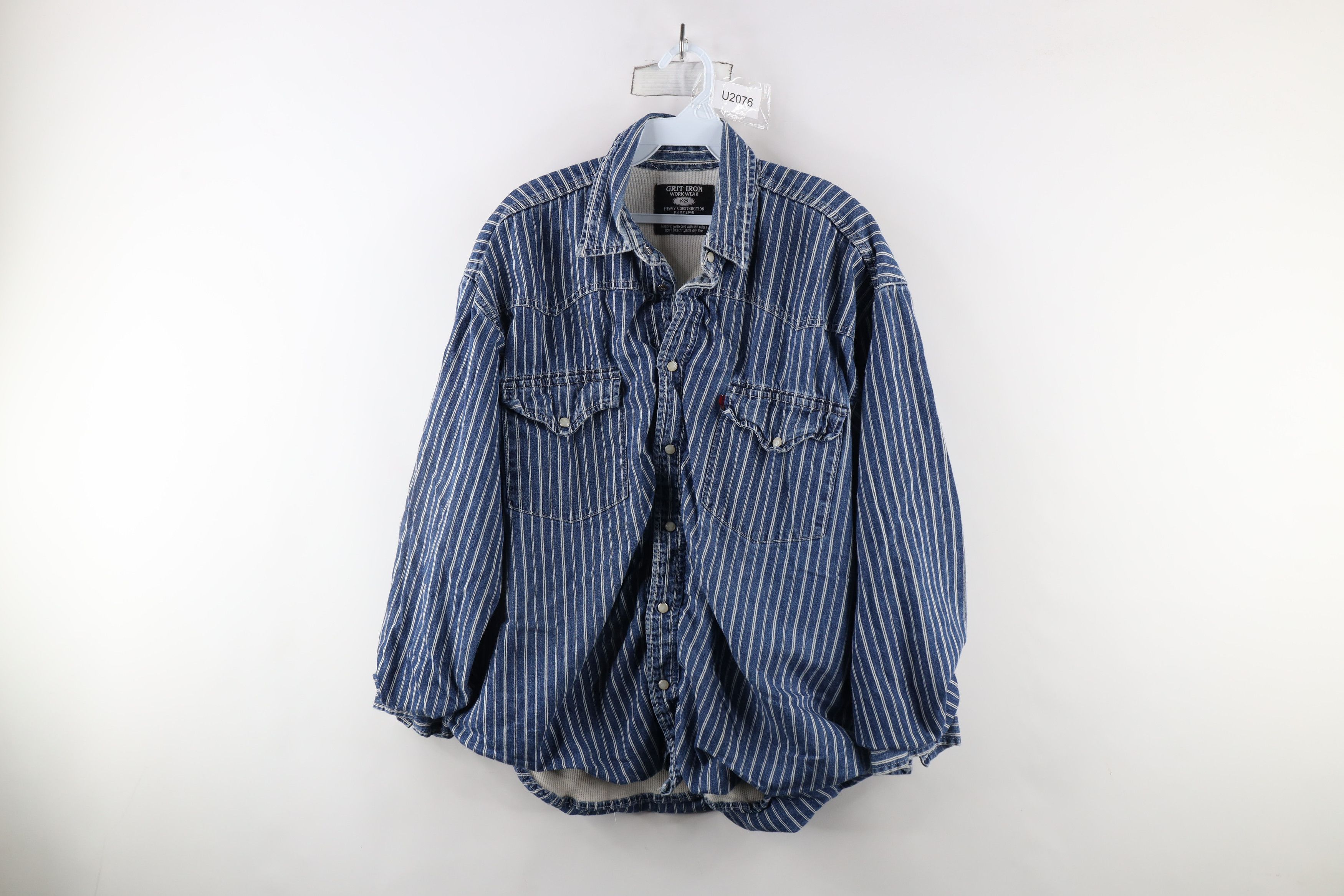 Vintage Vintage Streetwear Striped Denim Thermal Lined Shirt Jacket Size US XL / EU 56 / 4 - 1 Thumbnail