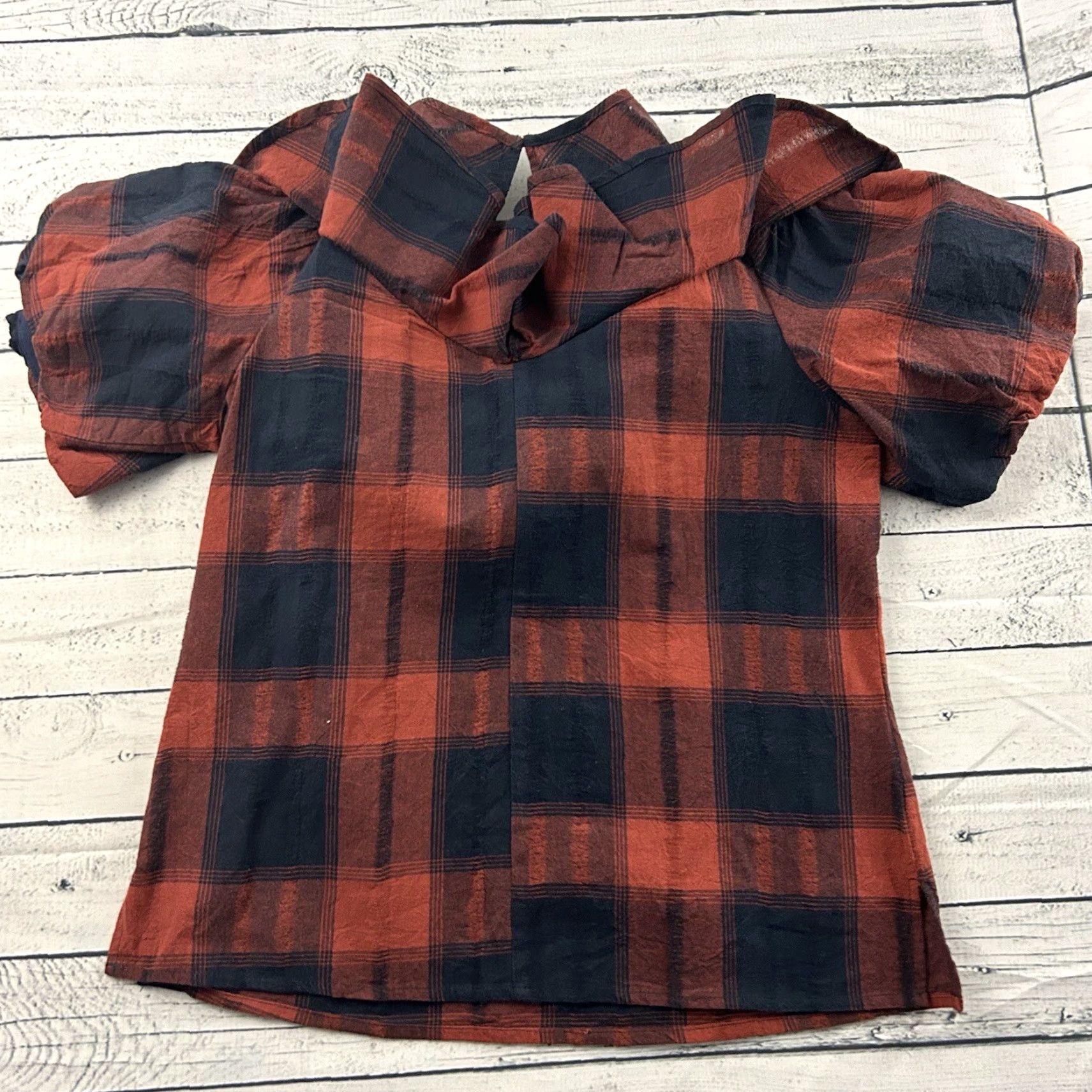 Bcbgmaxazria BCBG Plaid Ruffle Short Sleeve Shirt Women's XS Red Dark Blue Size XS / US 0-2 / IT 36-38 - 5 Thumbnail