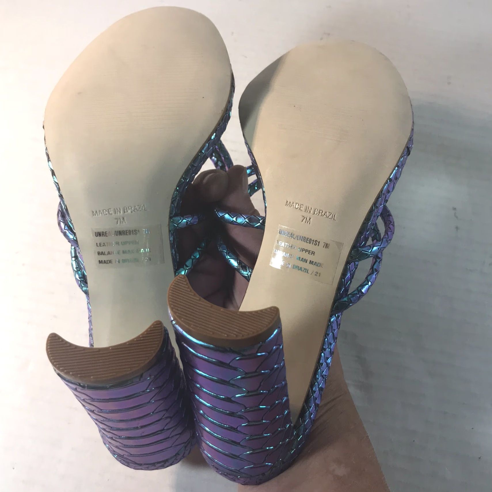 Steve Madden Steve Madden Unreal Iridescent Women's Leather Strappy Thong Heels Size 7B High Block Heel Summer Modern Going Out Size US 7 / IT 37 - 6 Thumbnail