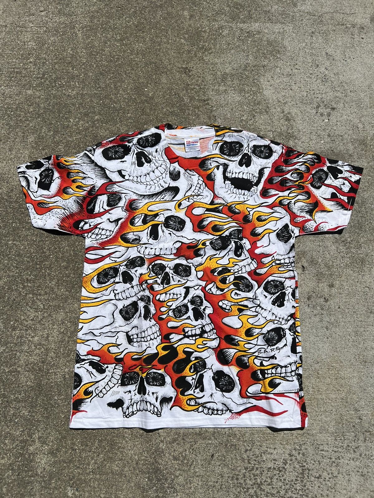 image of Liquid Blue 90's Flaming Skulls Aop Tee in White, Men's (Size XL)