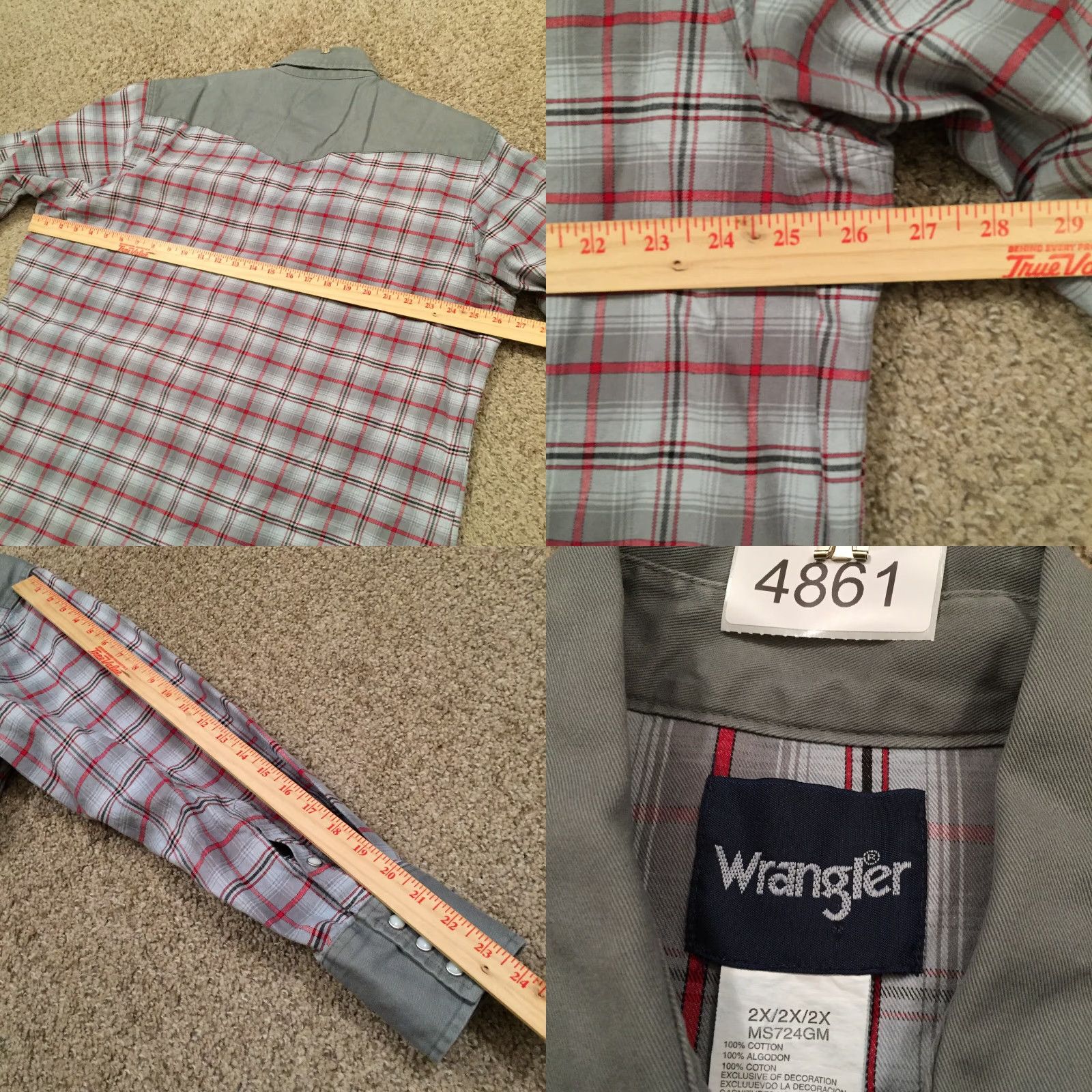 Wrangler Wrangler Shirt Mens 2X Gray Plaid Long Sleeve Heavyweight Snap Pockets Size US XXL / EU 58 / 5 - 8 Thumbnail