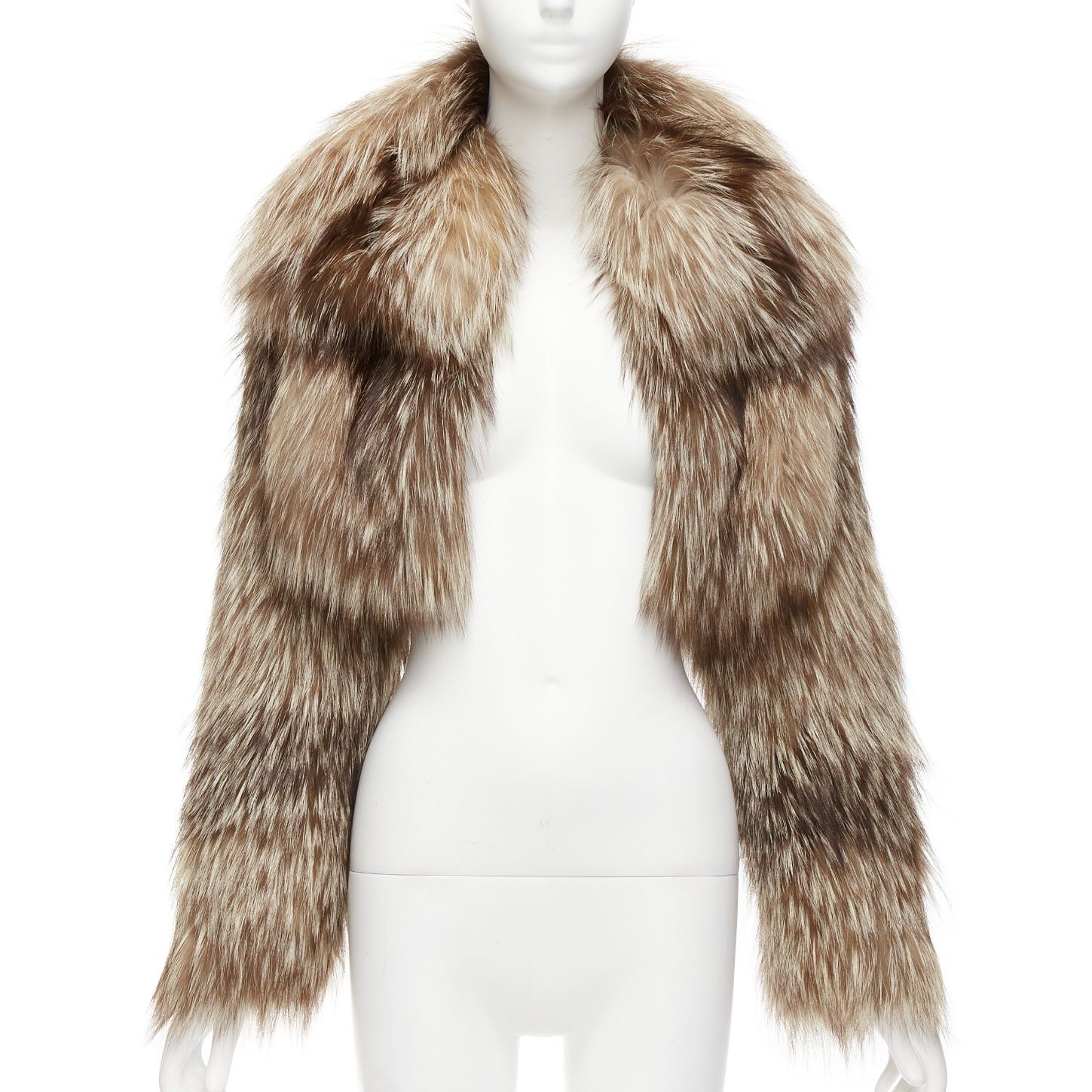 image of Fendi Brown Fur Long Sleeve Crop Jacket With Detachable Collar It36 Xxs, Women's