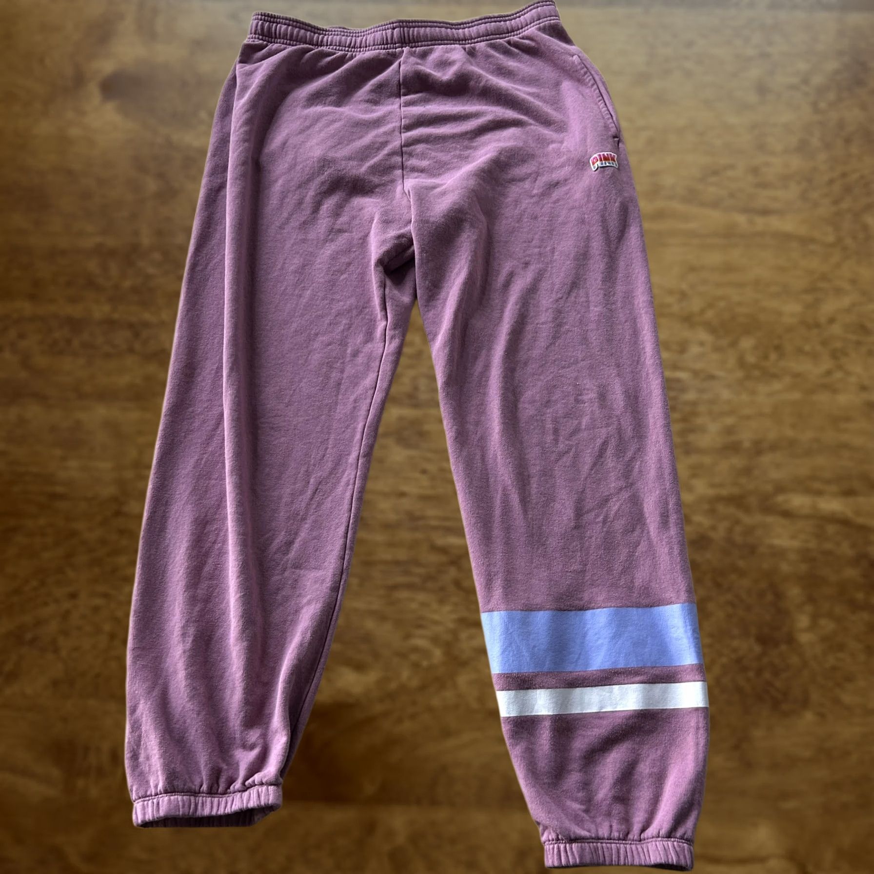Vintage PINK Victoria's Secret Sweatpants Womens L Pink Terry Stripe Joggers Lounge Tapered Elastic Waist Pockets Size 36" / US 14 / IT 50 - 1 Thumbnail
