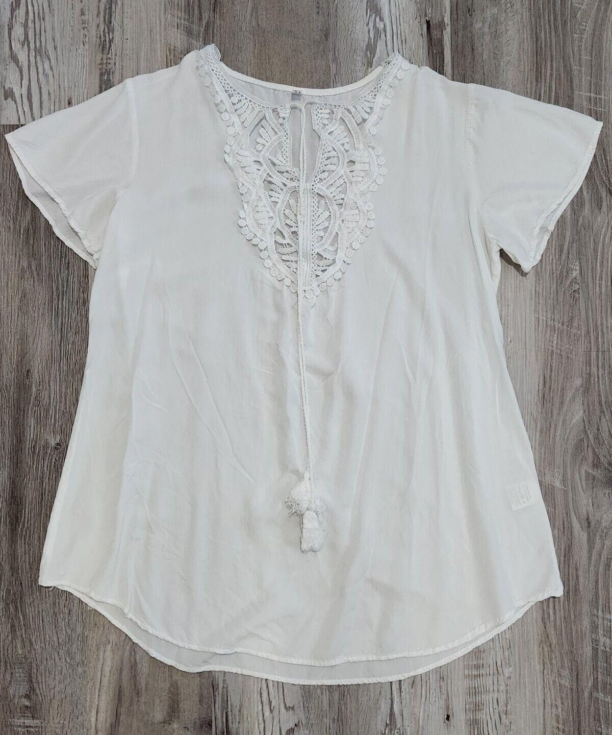 Designer Ekouaer Top Small White Lace Neck Blouse Boho V Neck tunic Size S / US 4 / IT 40 - 1 Thumbnail