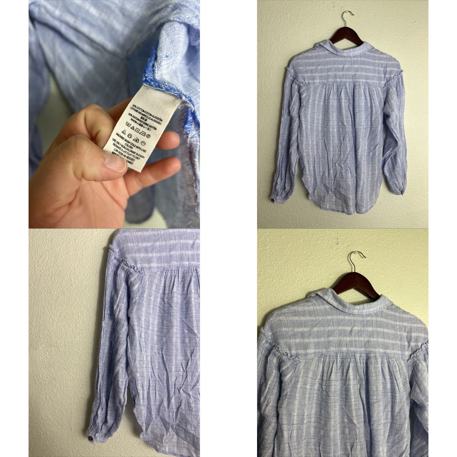 Free People VINTAGE Free People Women XS Long Sleeve Button-Up Top Cotton Collared Split Sides Blue Size XS / US 0-2 / IT 36-38 - 8 Thumbnail