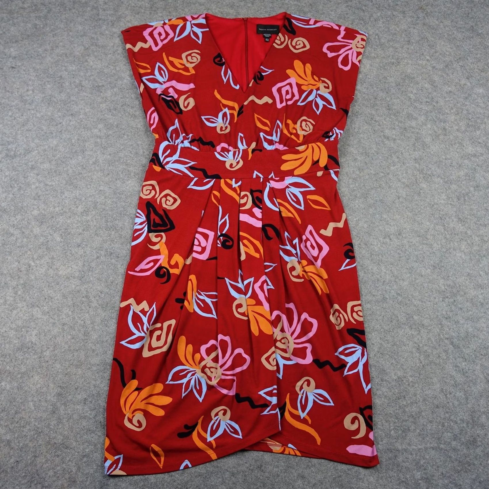 Donna Morgan Donna Morgan Dress Womens 14 Red Floral V Neck Pleated Sheath Midi Jersey Ruched Size XL / US 12-14 / IT 48-50 - 2 Thumbnail