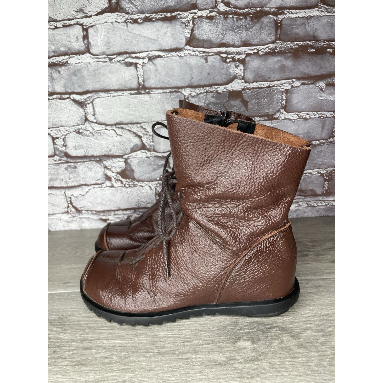 RUIbuilt Hin Rui VTG Brown Leather Ankle Boots Rope Laces Side Zip Wo Size US 8.5 / IT 38.5 - 2 Thumbnail