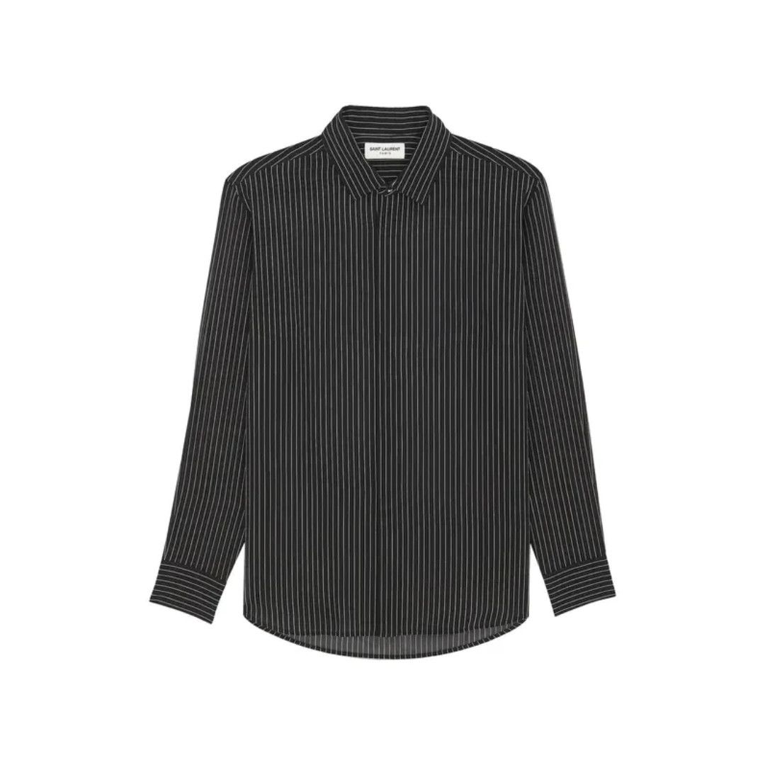 Saint Laurent Paris o1s1wg111124 Shirt in Pinstripe Silk Georgette in Black Size US L / EU 52-54 / 3 - 1 Thumbnail