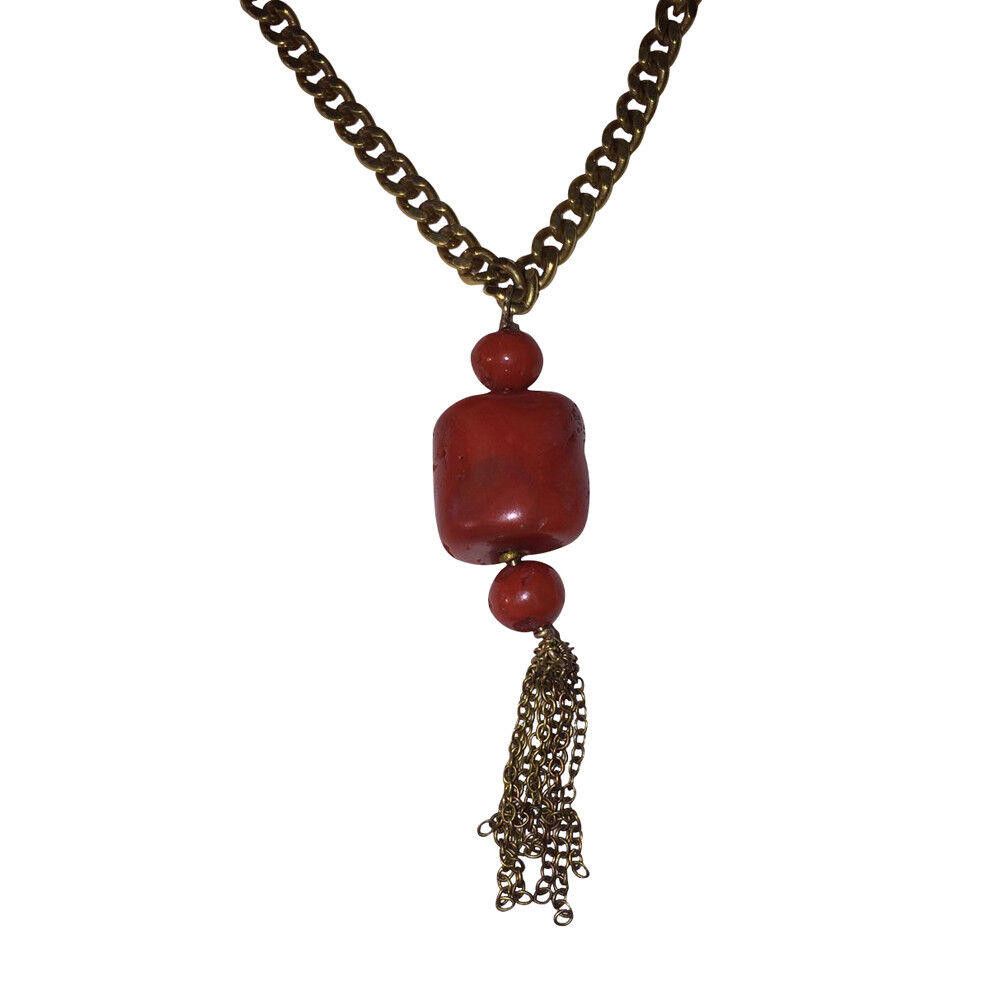 Designer Red Coral Nugget Bead 18 kt Gold Filled Tassel Necklace Size ONE SIZE - 3 Thumbnail