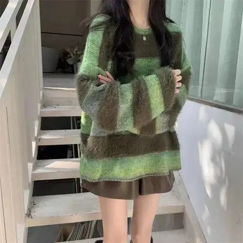 Vintage Green loose contrast striped sweater Size M / US 6-8 / IT 42-44 - 4 Thumbnail