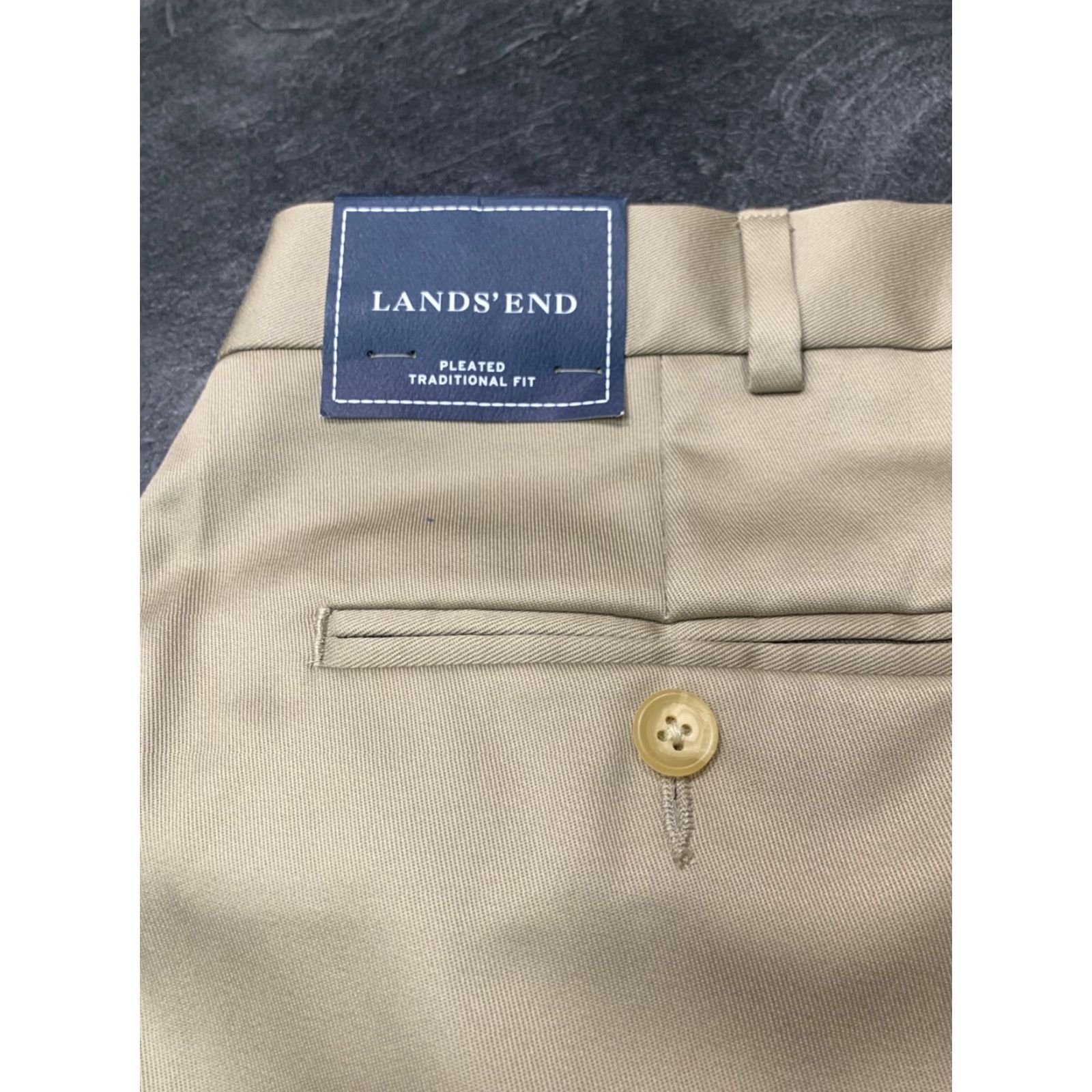 Lands' End Lands' End Men’s 42L Chino Pants Khaki Beige Pleated, Cuffed, Belted, Pockets, Straight Leg, 60% Cotton 40% Polyester, Machine Washable, Big & Tall Size US 42 / EU 58 - 2 Thumbnail