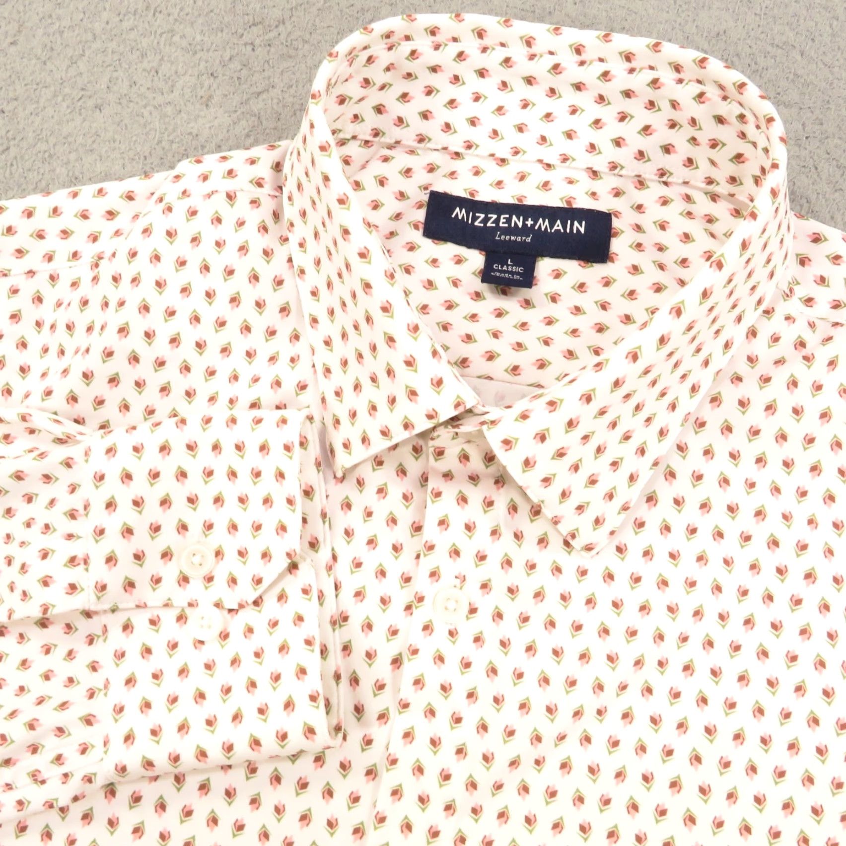 Mizzen+Main Mizzen+Main Shirt Mens Large White Pink Green Rose Geometric Graphic Button Down Shirt Mens Large White Pink Green Rose Geometric Graphic Button-Down Size US L / EU 52-54 / 3 - 2 Thumbnail