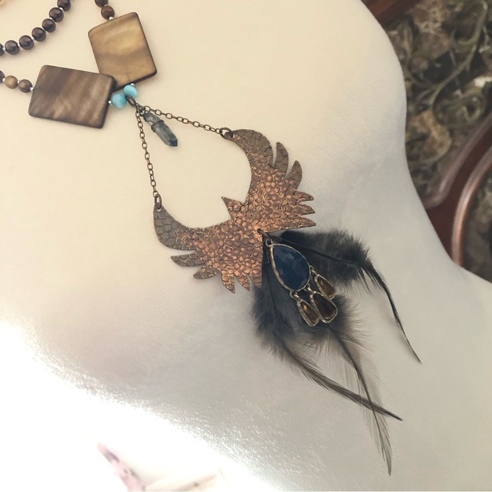Jewelry Handcrafted copper eagle Czech Pearl tiger eye necklace Size ONE SIZE - 7 Thumbnail