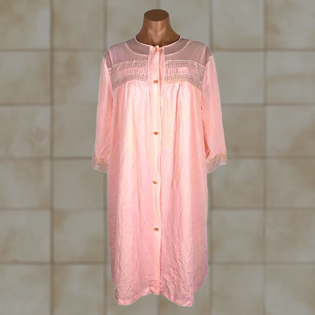 Vintage VINTAGE LORRAINE M Pink Vtg 70s ROBE NIGHTGOWN PEIGNOIR SET Embroidered Lace Size ONE SIZE - 1 Thumbnail