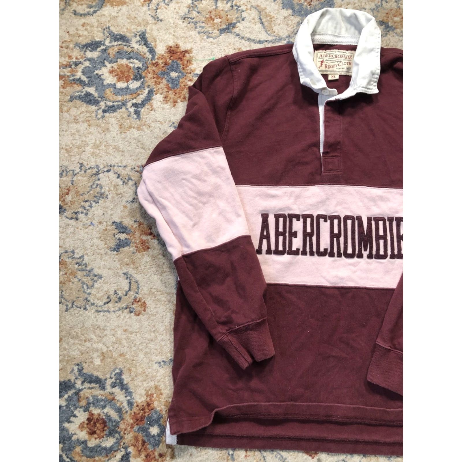 Abercrombie & Fitch VINTAGE Abercrombie Shirt Mens XL Burgundy Pink Rugby Stripe Long Sleeve Logo Collar Size US XL / EU 56 / 4 - 3 Thumbnail