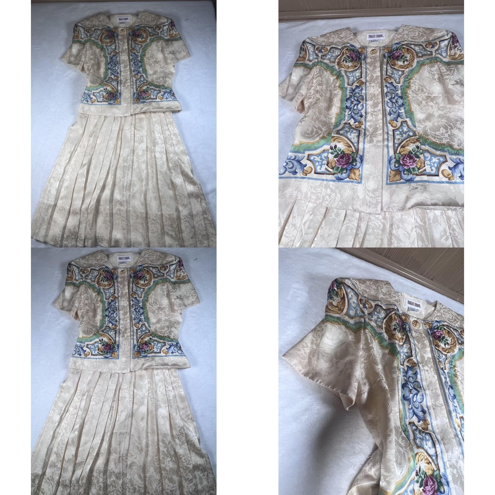 MAGGY LONDON Maggy London Skirt Suit Womens 8 White Silk Floral Pleated Short Sleeve Set 2 Piece Vintage No Size 30" / US 8 / IT 44 - 8 Thumbnail