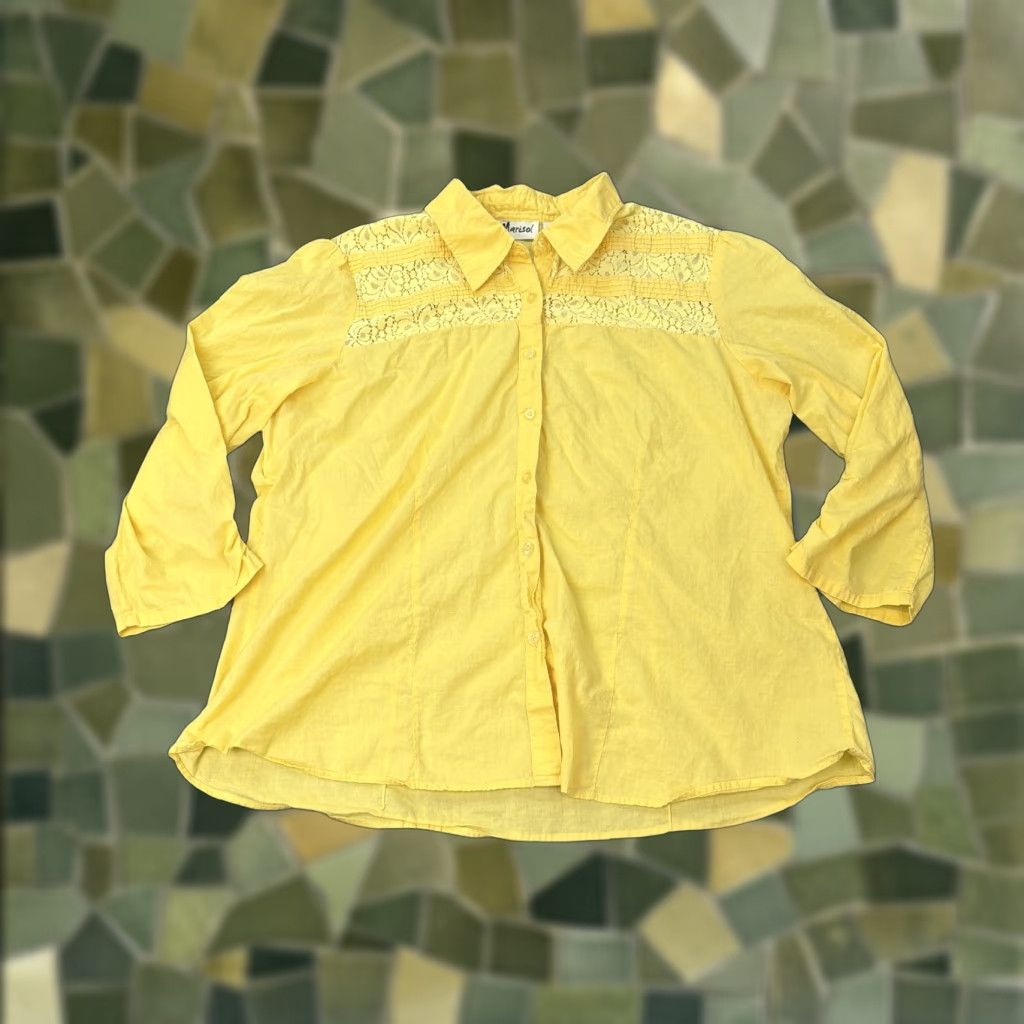 Vintage Marisol Shirt Womens 2X Yellow Lace Yoke Button Front 3/4 Sleeve Cotton Blouse Size XXL / US 16-18 / IT 52-54 - 1 Thumbnail
