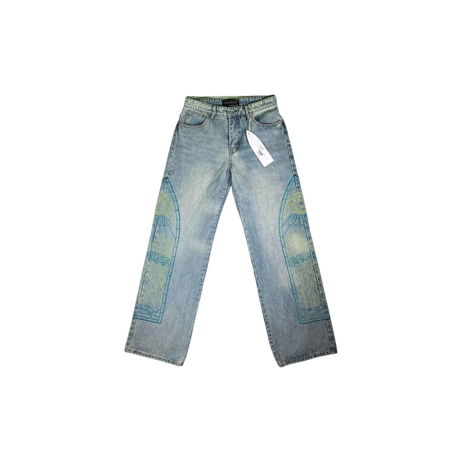Who Decides War WDW Embroidered Lime Light Wash Jeans Size US 30 / EU 46 - 1 Thumbnail
