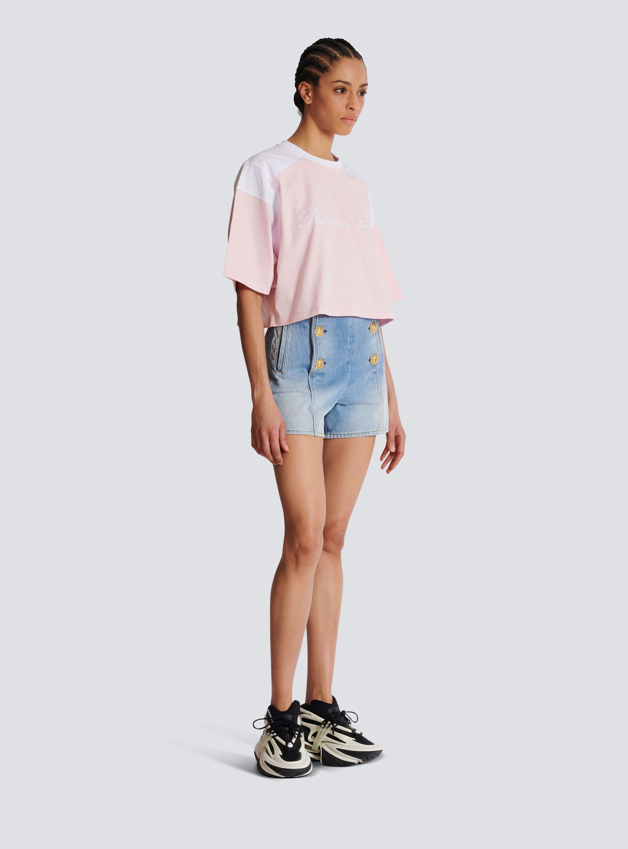 Balmain o1s1wg110725 Logo Colorblock Cropped T-Shirt in Pink Size S / US 4 / IT 40 - 6 Thumbnail