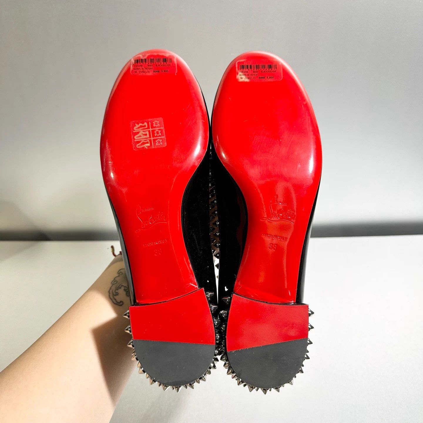 Christian Louboutin CL Black Patent Leather Riveted Flats Size 38 Size US 7 / IT 37 - 6 Thumbnail