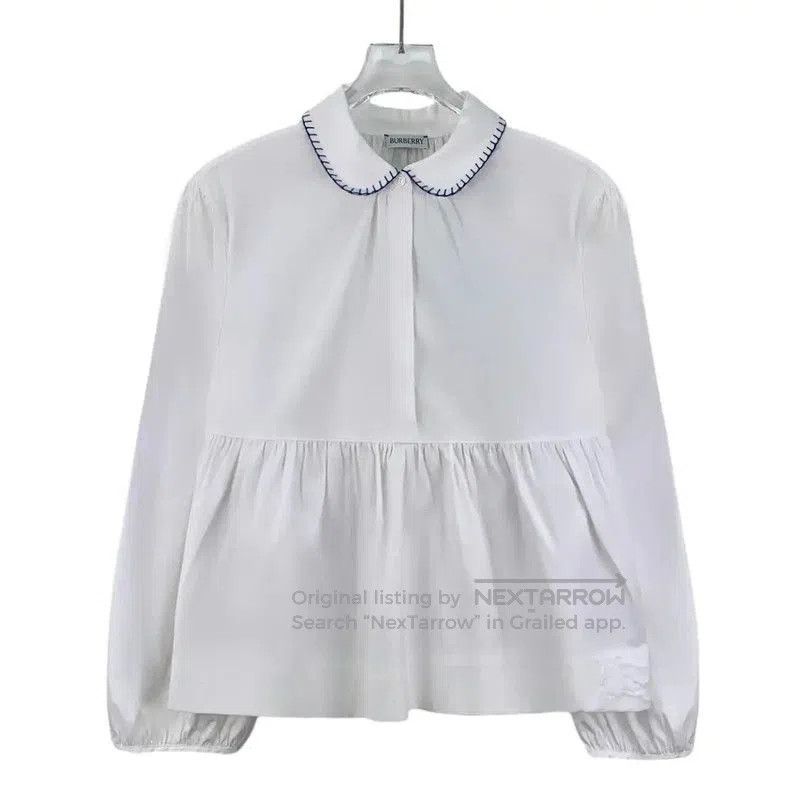 Burberry Burberry White Cotton Women's Shirt with Blue Details. Size L / US 10 / IT 46 - 1 Thumbnail