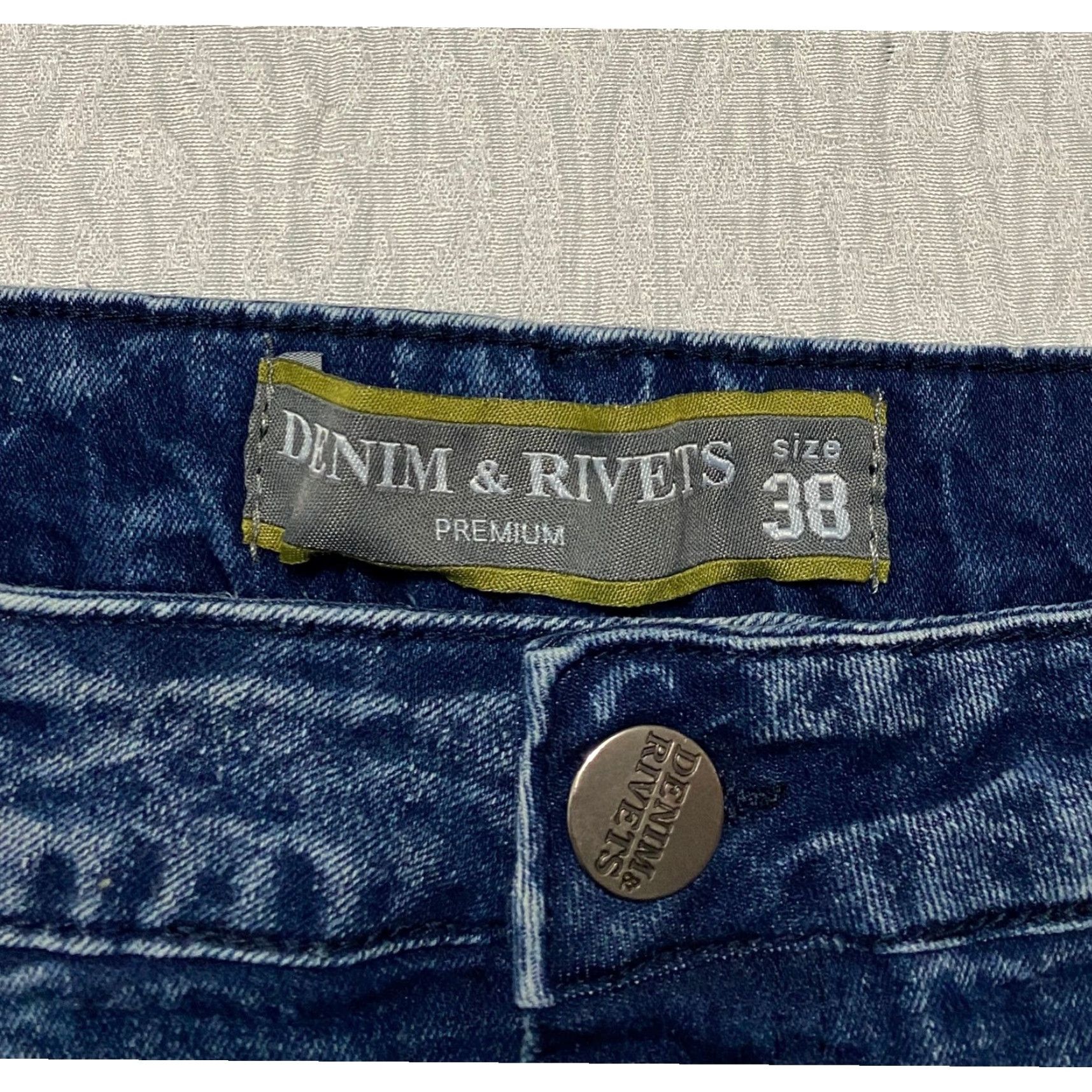 Denime DENIM & RIVETS Premium Moto Jeans Men's 38 Acid Wash Stretch Whiskers Blue Distressed Pockets Zipper Studded Quilted Size US 38 / EU 54 - 4 Thumbnail