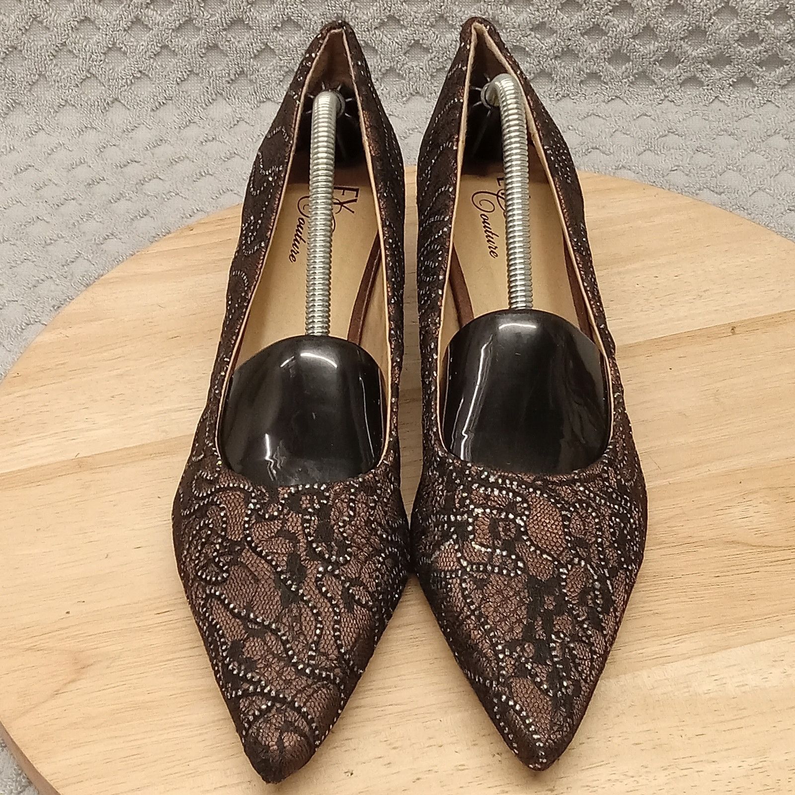 & Other Stories Vintage EY Couture Pump Heels 7.5M Brown Lace Size US 7.5 / IT 37.5 - 3 Thumbnail