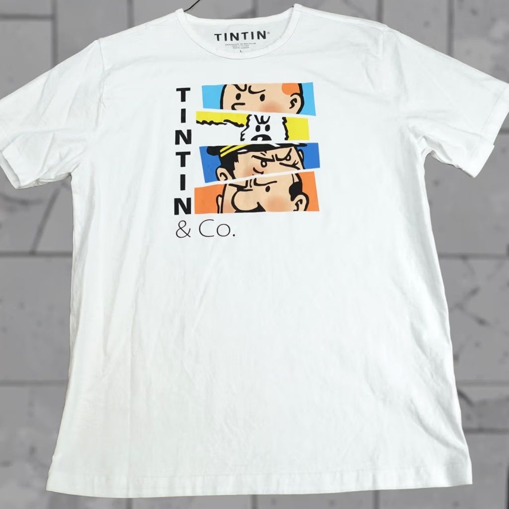 Vintage Tintin Shirt Large White 100% Cotton Made in Portugal Graphic Print Crew Neck Short Sleeve Unisex Adults T-Shirt (2020-2029) Portugal Linen? Size US L / EU 52-54 / 3 - 1 Thumbnail