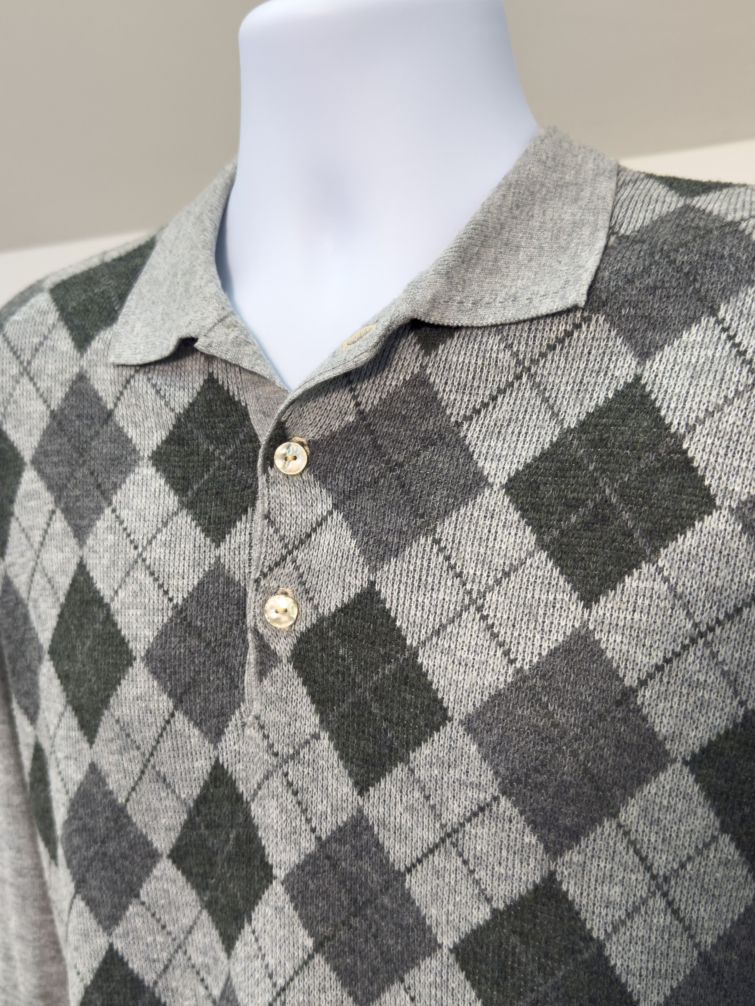 Other Vintage Argyle Knit Polo Sweater Gray Green Button Collar Size US M / EU 48-50 / 2 - 3 Thumbnail