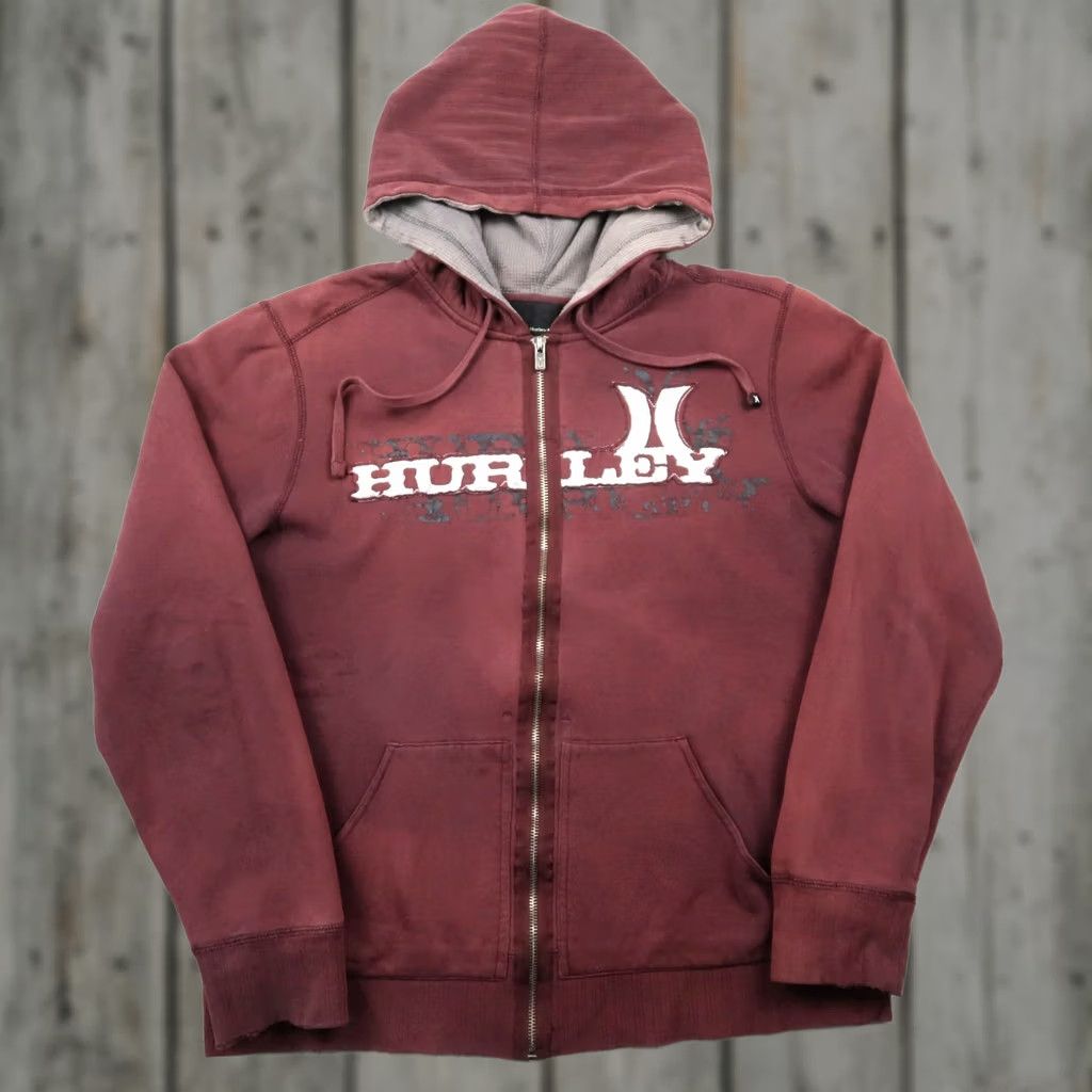 Hurley Vintage Hurley Hoodie Mens L Burgundy Zip Up Sweatshirt 90s Grunge Retro Full Zip Lined Skate Y2K Hoodie Size US L / EU 52-54 / 3 - 1 Thumbnail
