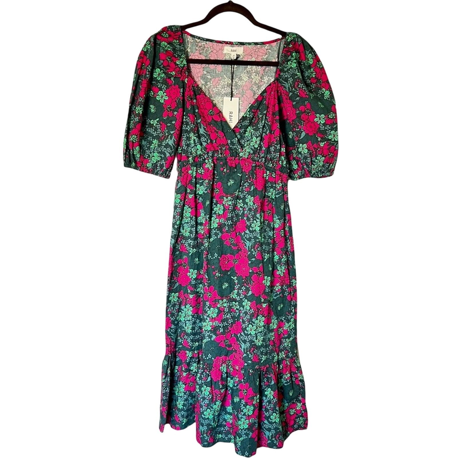 Other Rahi Floral Fuchsia Teal Puff Sleeve Midi Ruffle Dress Sz XS Size XS / US 0-2 / IT 36-38 - 5 Thumbnail