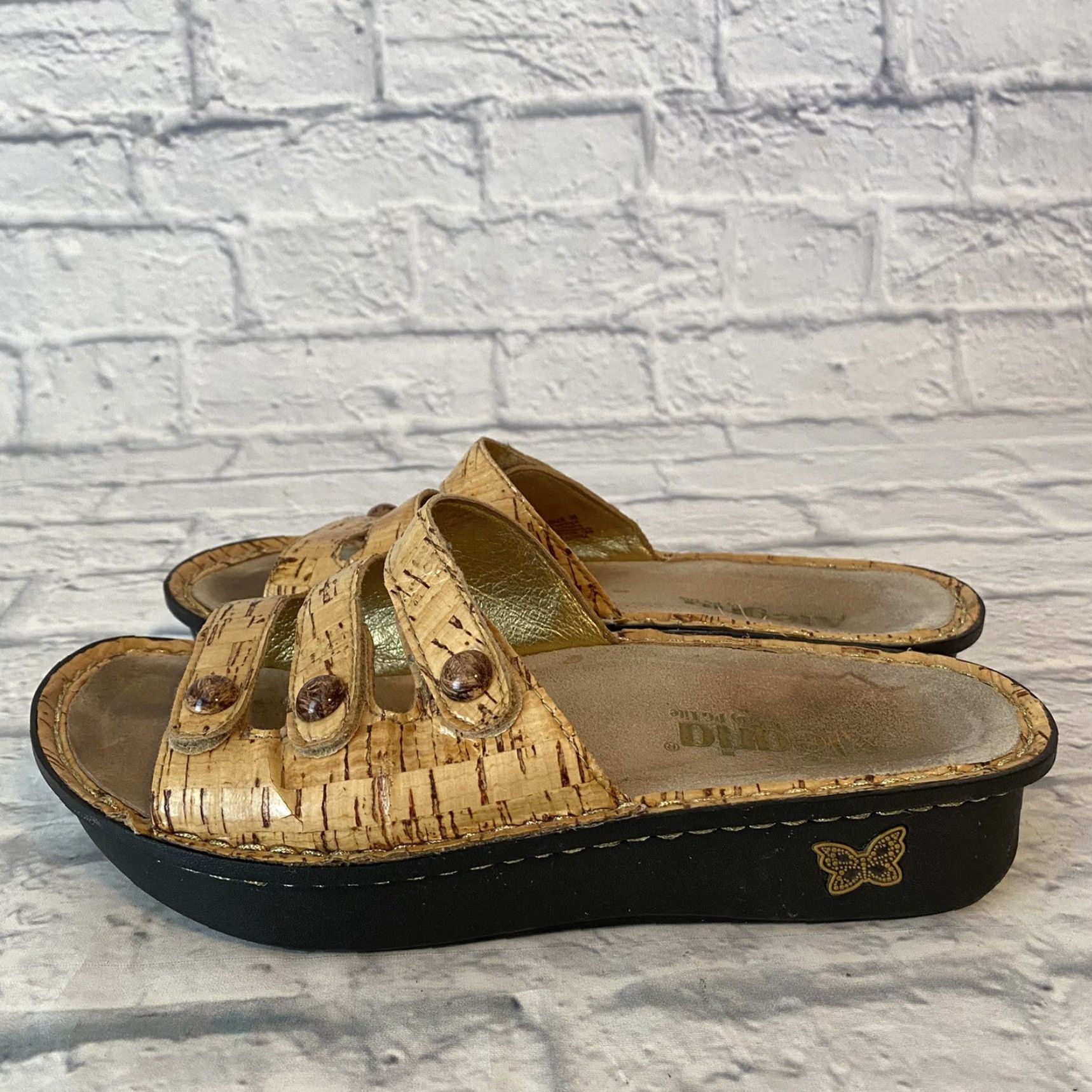 Vintage Alegria Algeria Fiona F10-418 Leather Cork Print 3 Strap Slide Sandals Beige 38/US 7.5 Cork Pattern Casual Women Size US 8 / IT 38 - 7 Thumbnail